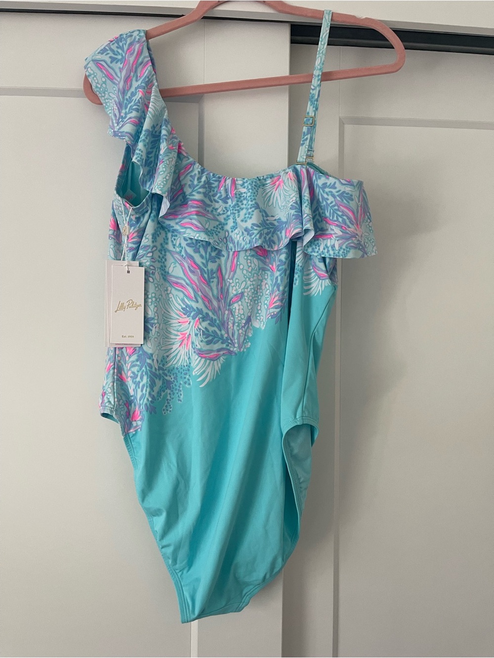 Lilly Pulitzer Turquoise One-Shoulder Ruffle Swimsuit with Pink Coral Print